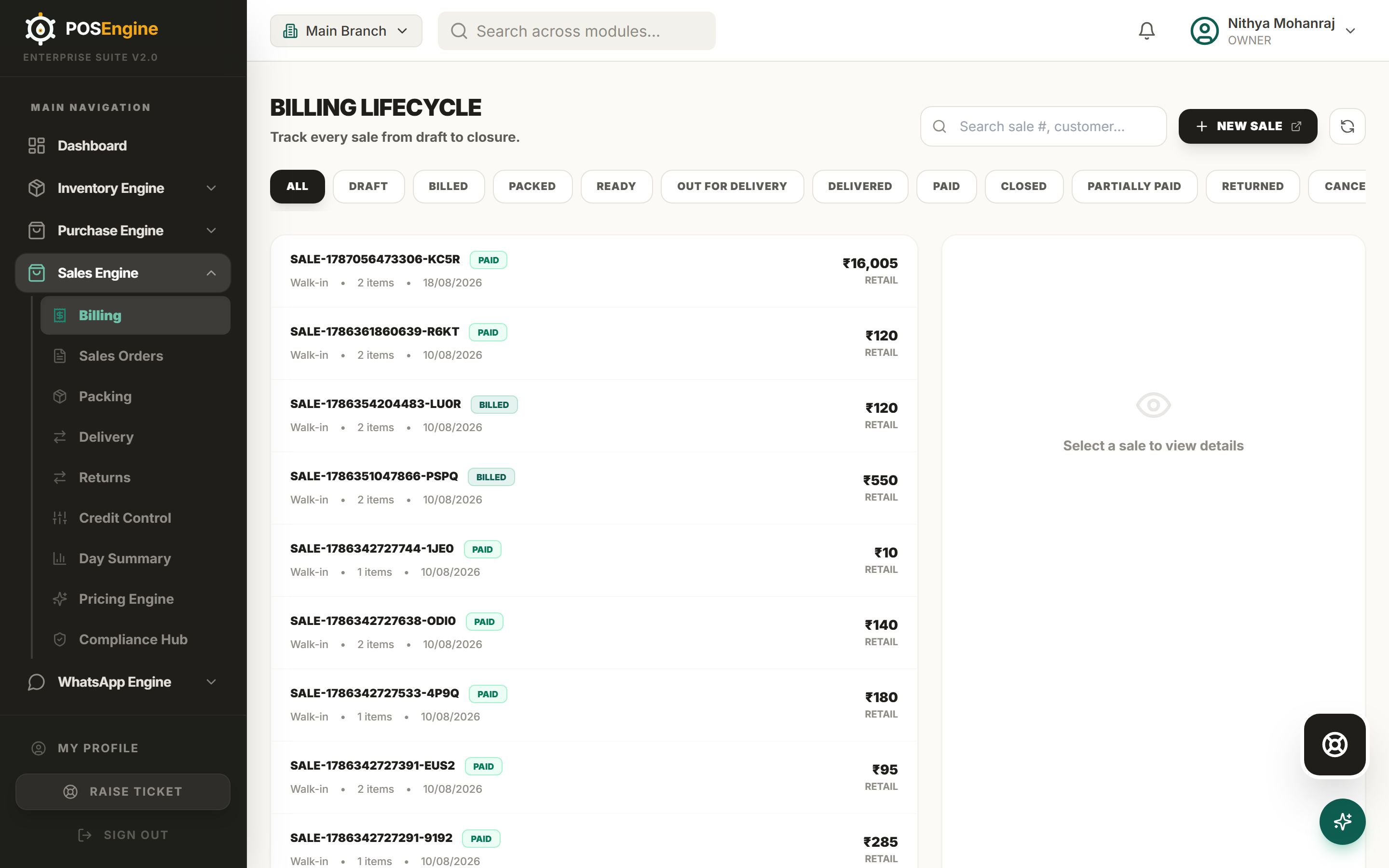 POSEngine billing screen — a GST tax invoice with items, quantities and totals in rupees